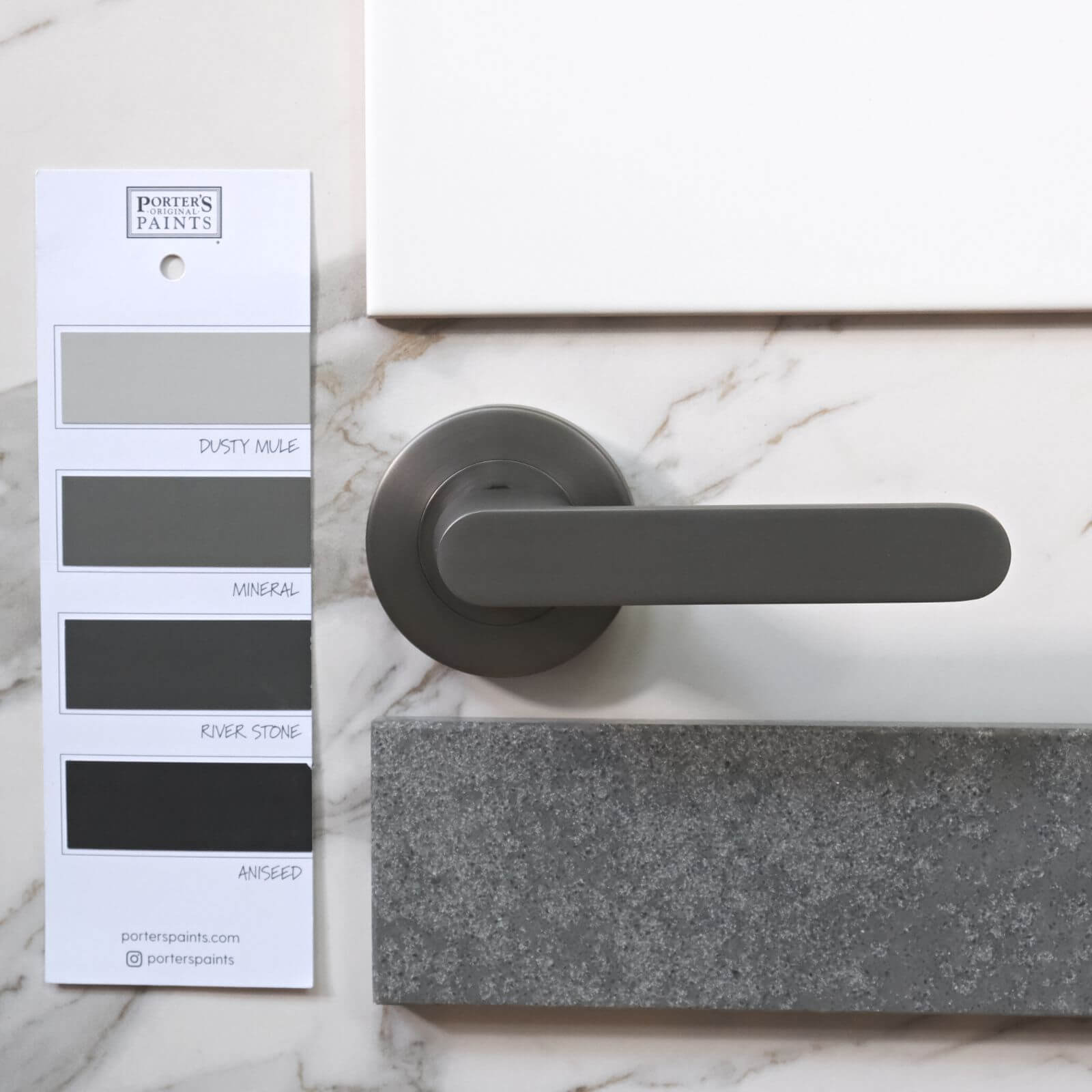 Gun metal grey passage lever with Porters Paints colour card gun metal grey 1 1