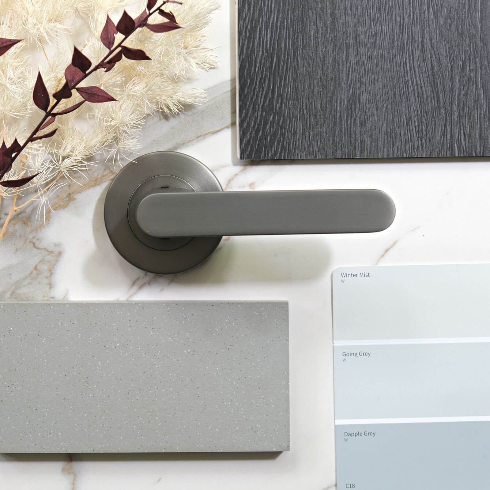 Benchtop and floorboard sample with Almeri gun metal grey door handle gun metal grey 14