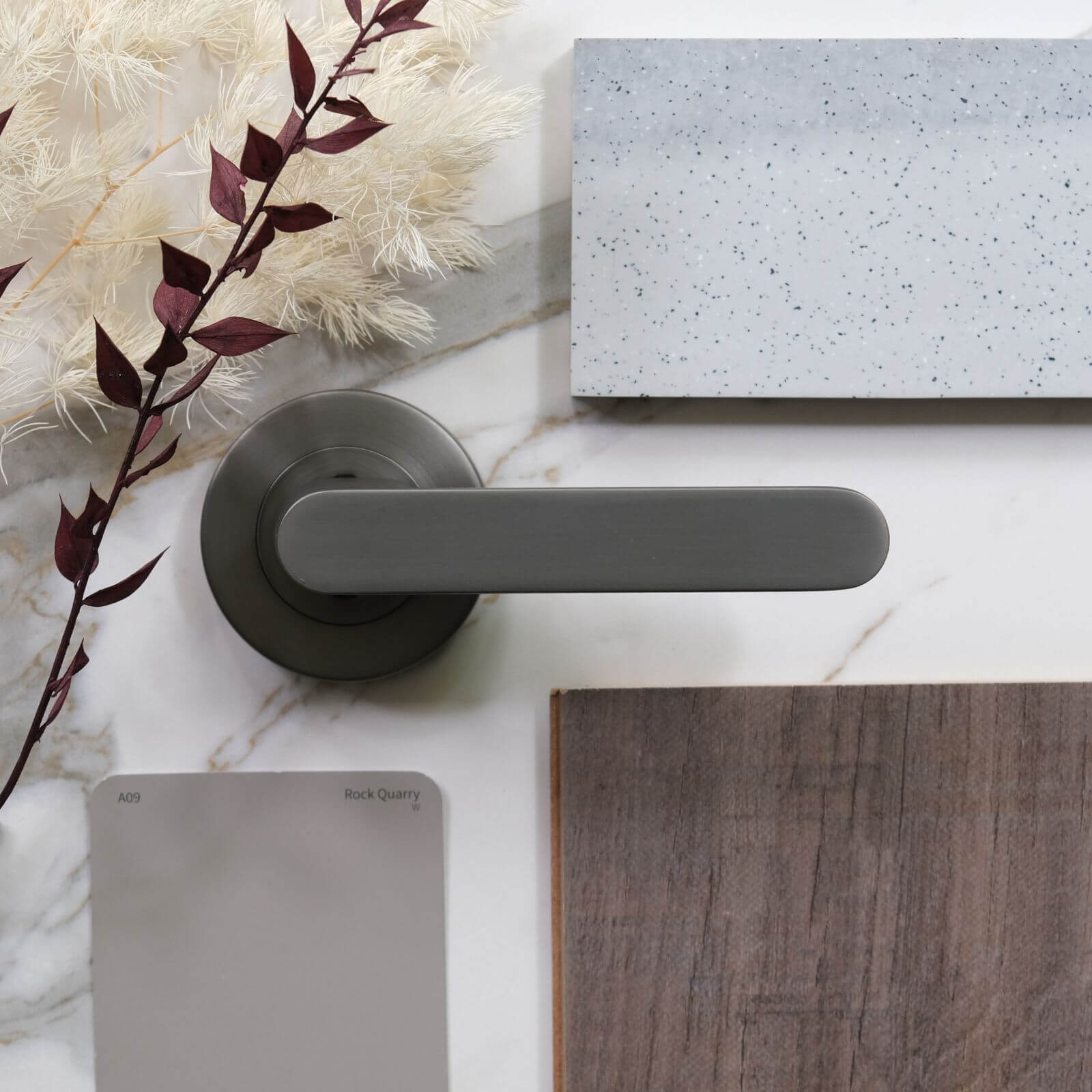 Taubmans Rock Quarry colour card with Hanwood floor board, Almeri gun metal grey door handle gun metal grey 17
