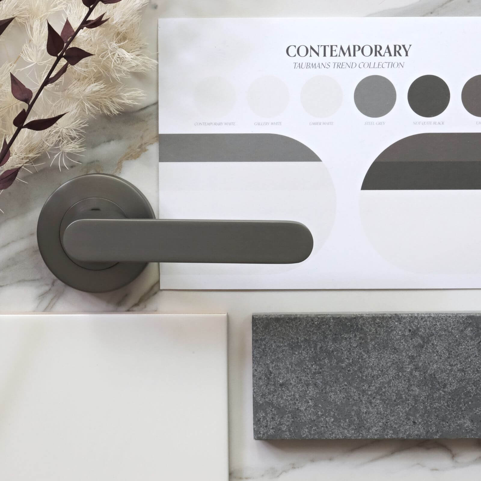 Almeri gun metal grey passage lever with Taubmans colour card, wall tile and benchtop gun metal grey 4