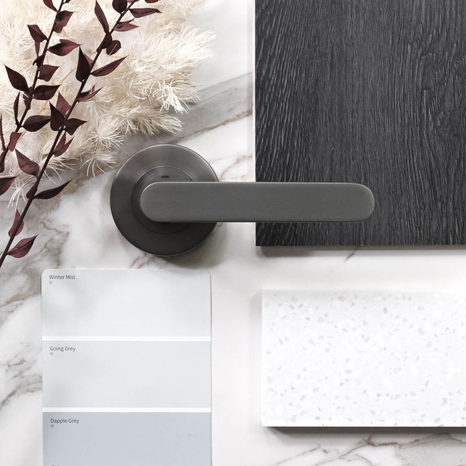 Gun metal grey passage door handle moodboard. Dark floor board by Hanwood and benchtop by Think Benchtops gun metal grey 9