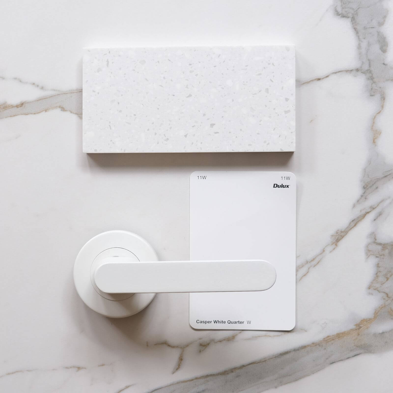 Casper White Quarter by Dulux with the white Almeri passage set lemaar dulux think benchtops 6