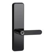 Black modern door lever handle mounted on a rectangular backplate, shown against a plain white background.