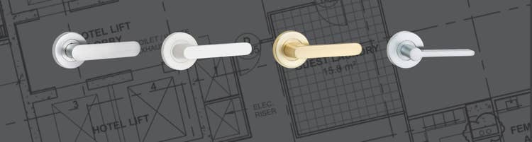 Modern door handles in multiple finishes on a blueprint background