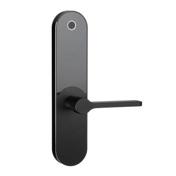 Radius Smart Lock in matte black finish, featuring a slim lever handle and elongated rounded backplate with an integrated circular indicator at the top, displayed on a white background